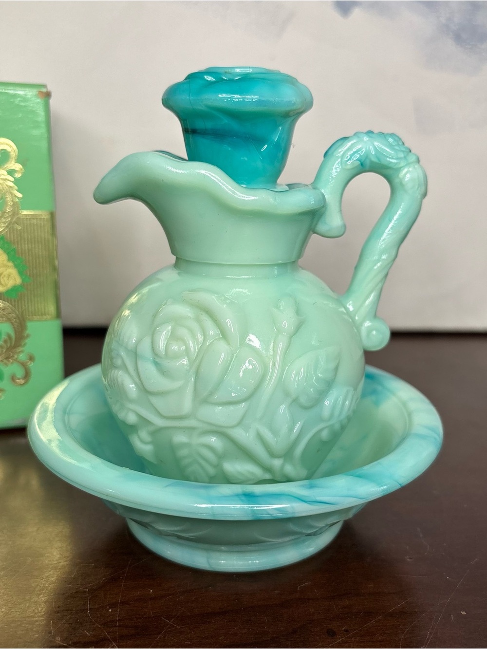 Vtg 1971 Avon Victorian Pitcher & Bowl Turquoise Glass 6oz With Box Empty Bottle